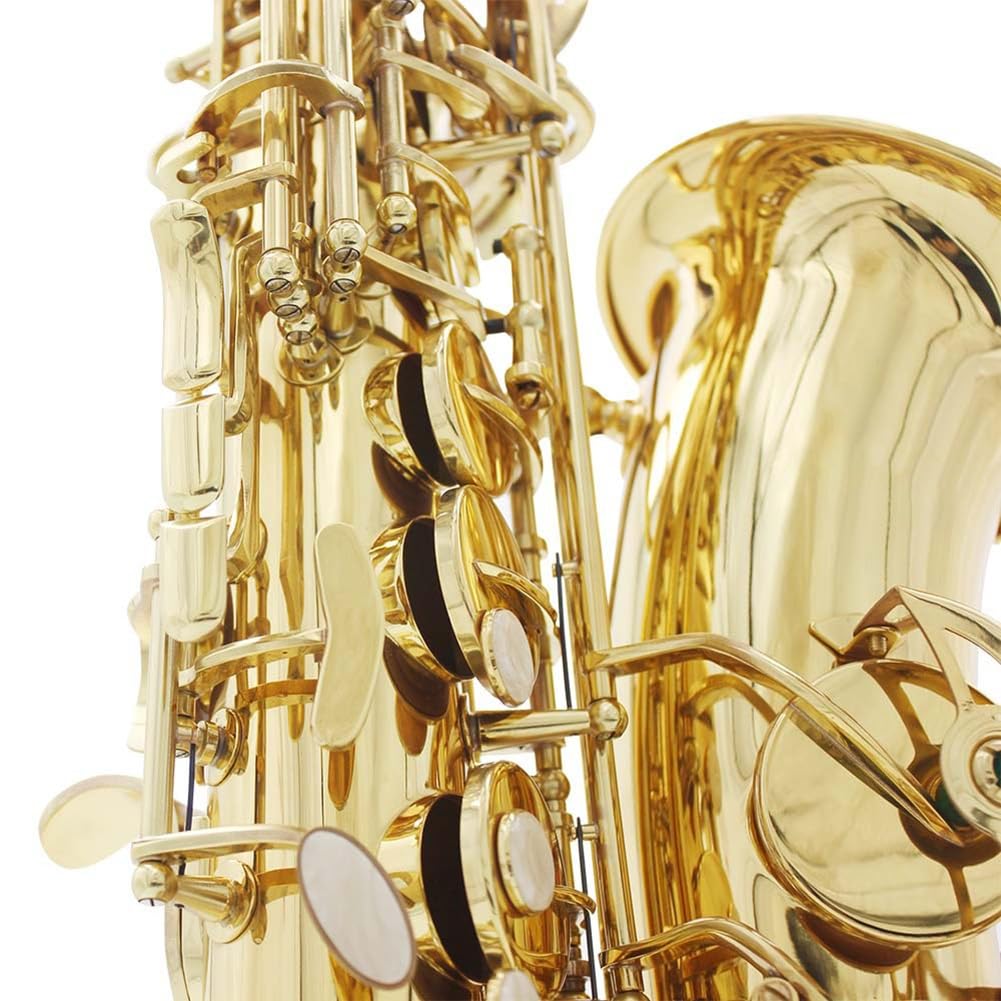 Saksofon altowy E Tune Mosiężny saksofon Pełny zestaw dla studentów i początkujących, Natural White Shell Button Instrument dęty z zestawem do czyszczenia i pielęgnacji obudowy (Color : Golden)