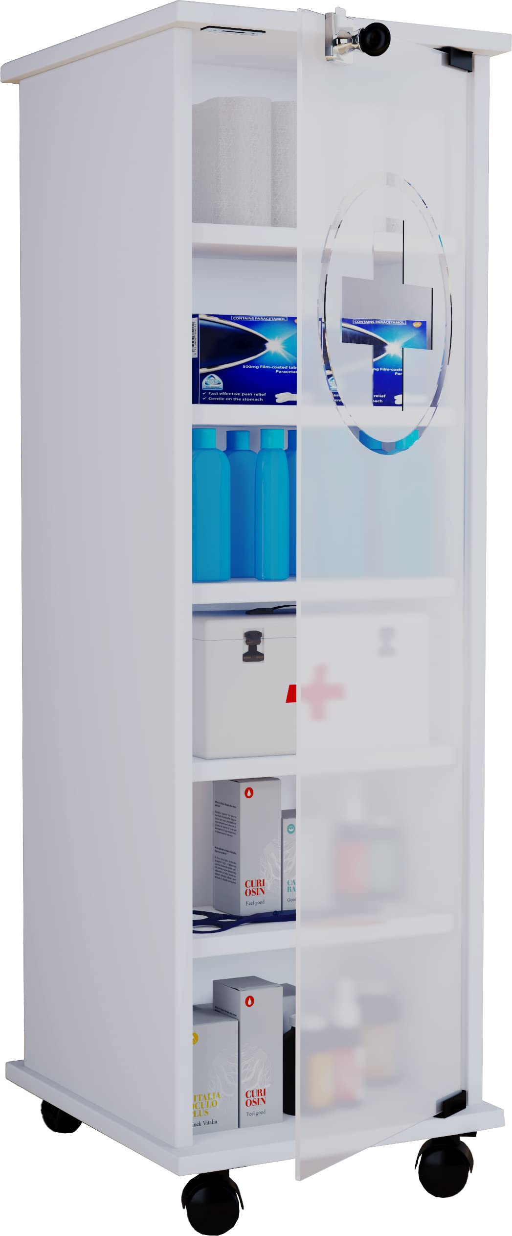 Front view of the VCM Nilusa White Rolling Lockable Medicine Cabinet, featuring a white finish, a glass door with a cross symbol, and four casters at the base.