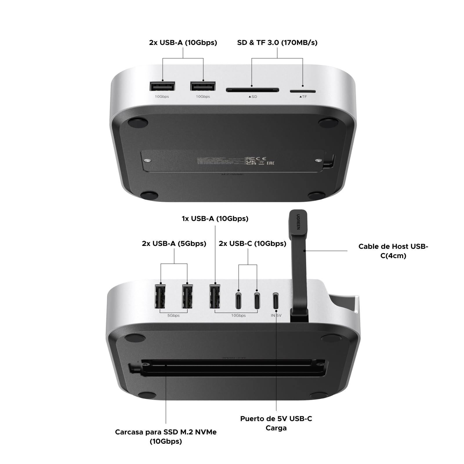 UGREEN Docking Station Compatible con Mac Mini M4 y M4 Pro Dock Station Hub USB C 10 en 1 con Carcasa M.2 NVME SSD Lector de Tarjetas TF SD 7 Puertos USB 10Gbps 5Gbps