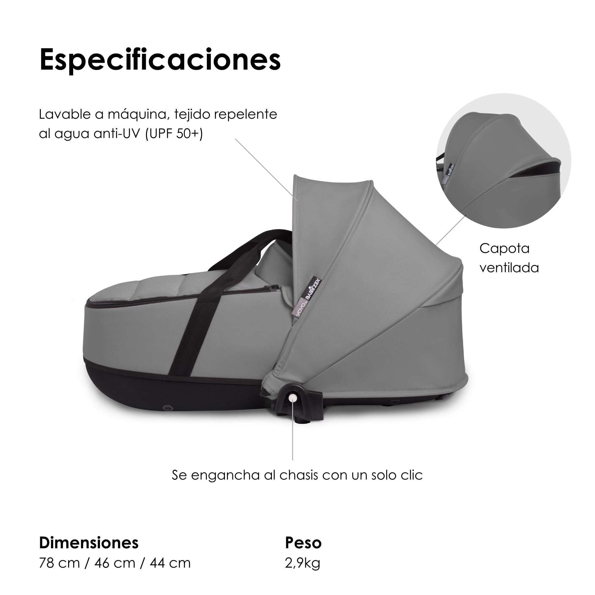 Babyzen YOYO 0+ Capazo, Gris - Incluye colchón Doble, Capota y armazón ventilados - Requiere el chasis YOYO2 (Se Vende por Separado)