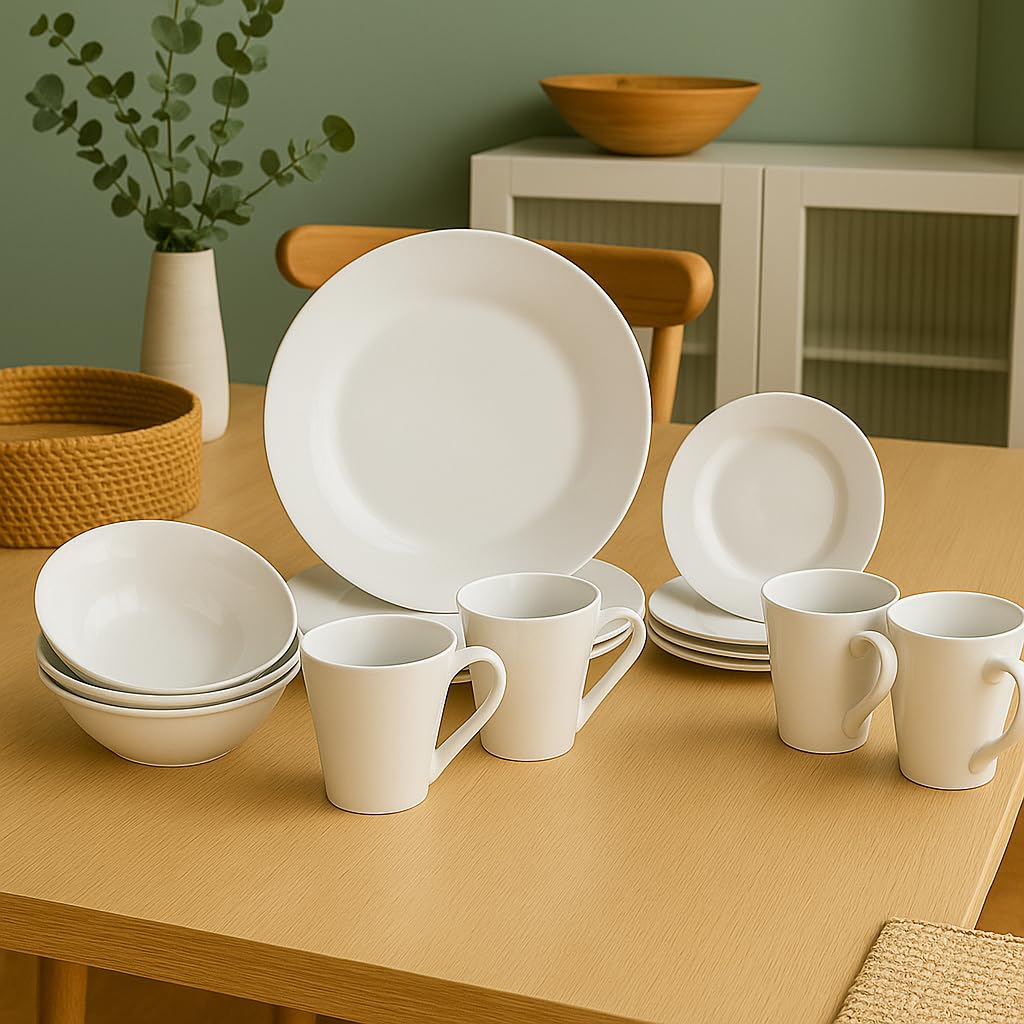 Argon Tableware 16-Piece White Dinner Set - 4-Person Dining Set Kitchen Dinnerware Dinner Plates, Dessert Dish, Coffee Tea Mugs, Pasta Bowls Set for Starters, Mains, Dessert | Perfect for University