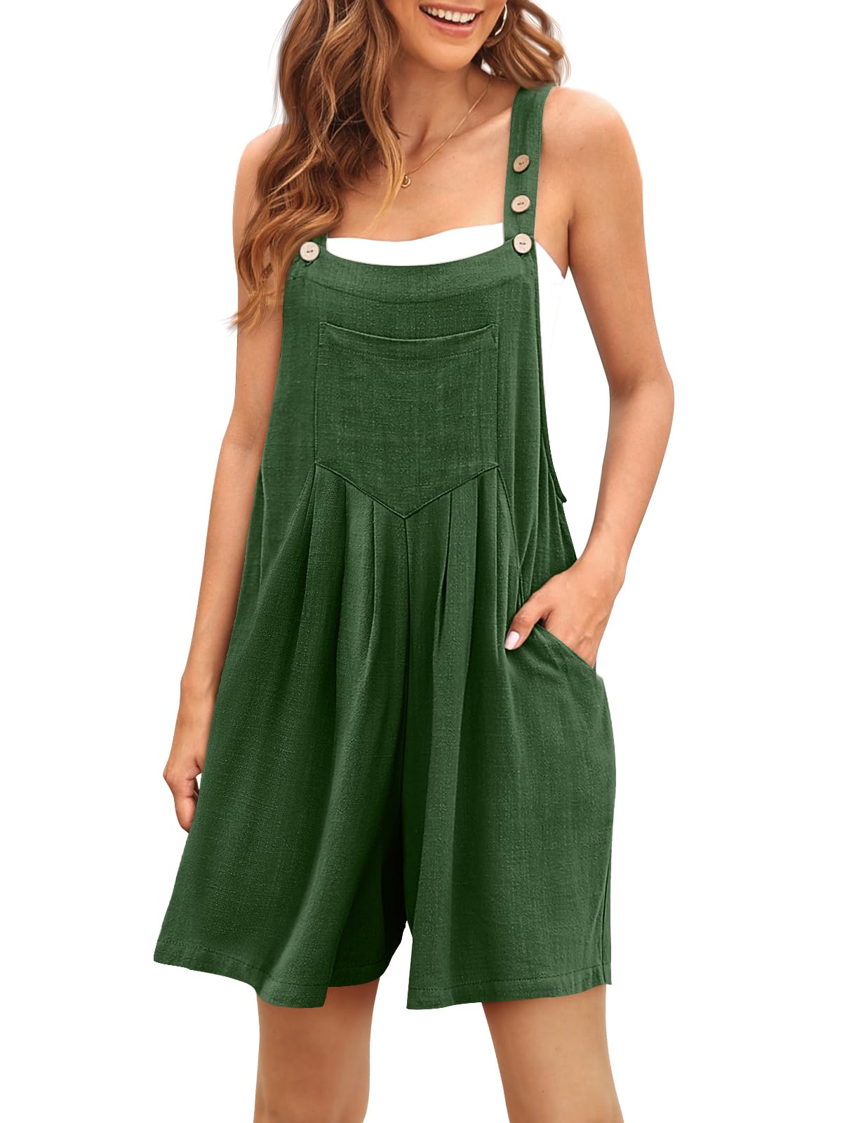 AUTOMETJumpsuits for Women Casual Summer Shorts Overalls Button Up Comfy Rompers Sleeveless Jumpers with Pockets 2024