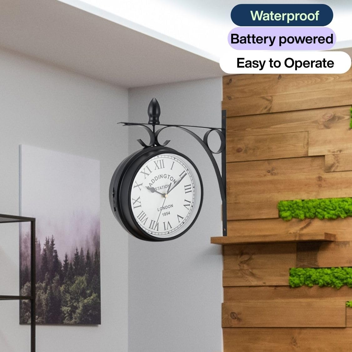 JHY DESIGN Reloj de doble cara de 21 centímetros, metal, reloj de estación resistente al agua, reloj de pared colgante retro, reloj de jardín redondo, reloj decorativo con soporte de pared para