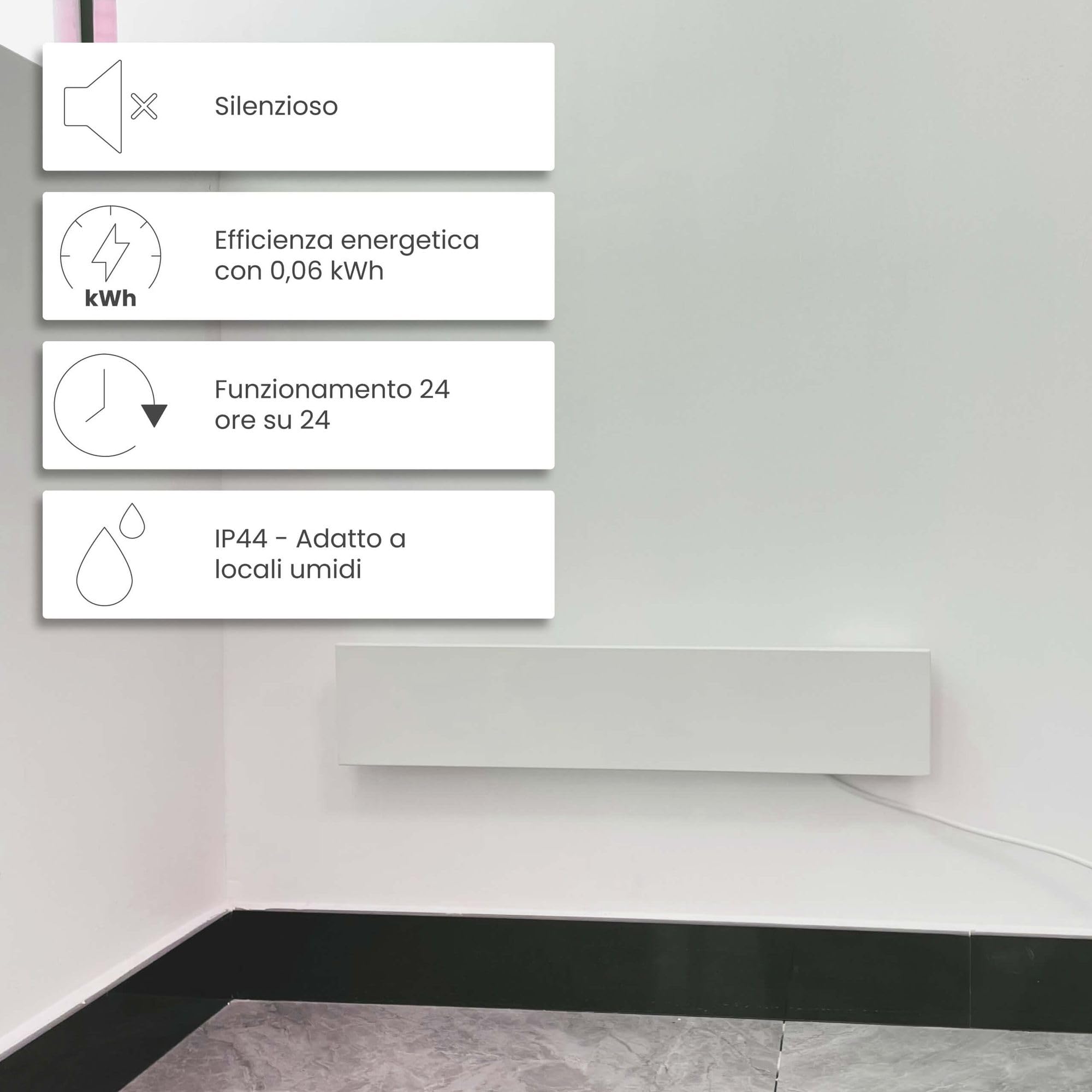 riscaldatore anti-muffa 60W, 12 x 60 x 1,3 cm, 2 pannelli per parete e bagno, riscaldamento a infrarossi elettrico, IP44