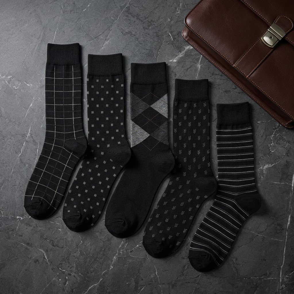 Men's Bamboo Rayon Dress Socks, 5-Pack Patterned Crew Socks, Soft Breathable Business Socks for Men, Size US 8-13