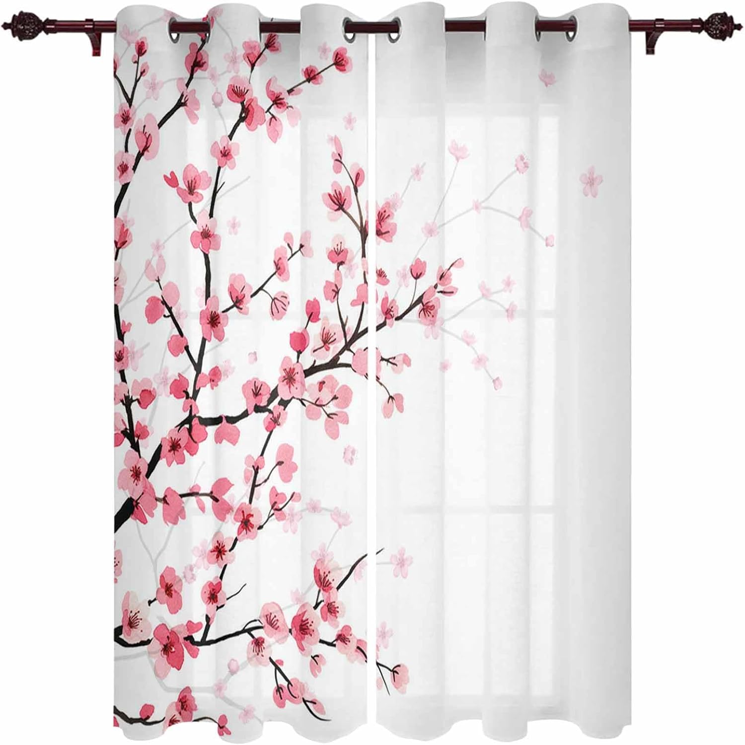 2 Panels Kitchen Curtains 96" Length for Laundry, Living Room, Hand Drawn Cherry Blossoms Teen Boys Room Curtains Window Drapes with Grommet Top, Spring Pink Floral White Backdrop 104W x 96L Inch