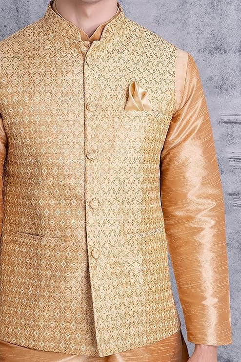 Image of Uri and MacKenzie Men's Silk Blend Kurta Churidar Pyjama with Stylish Nehru Jacket
