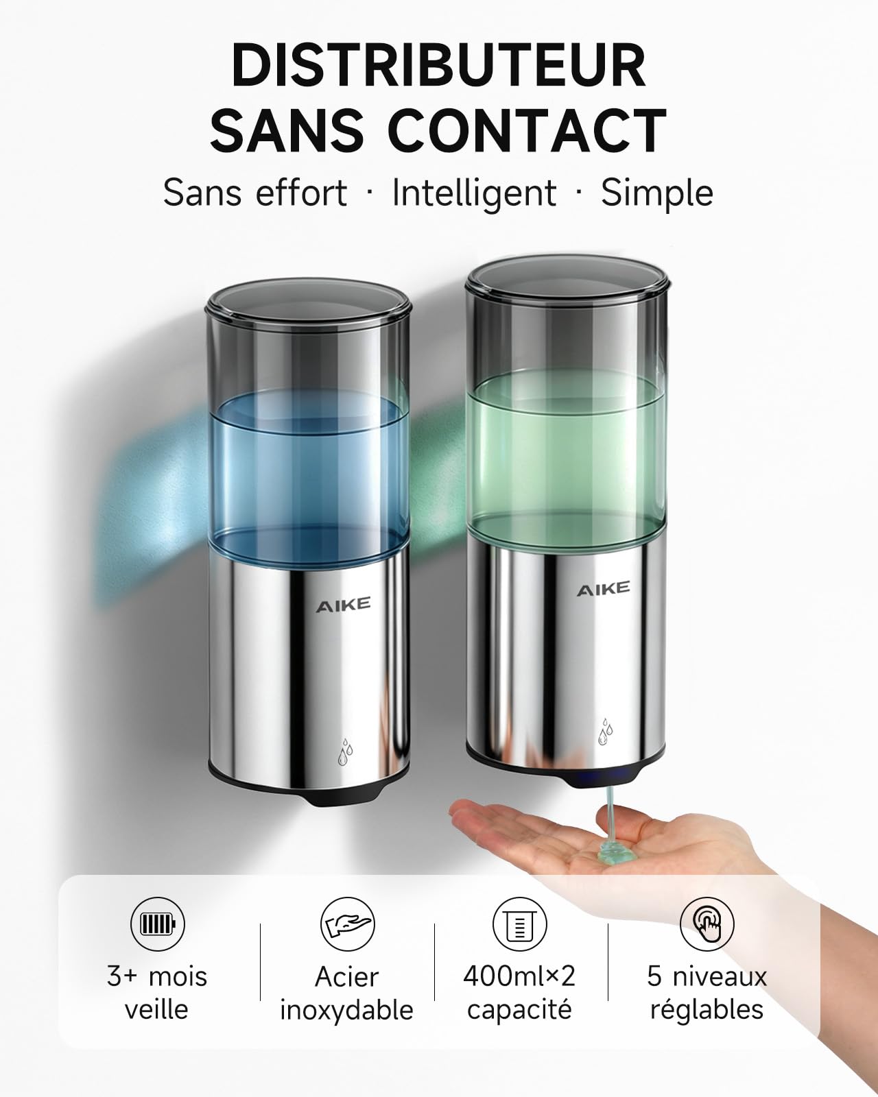 AIKE Distributeur Savon Automatique, IPX7 Étanche avec, Acier Inoxydable