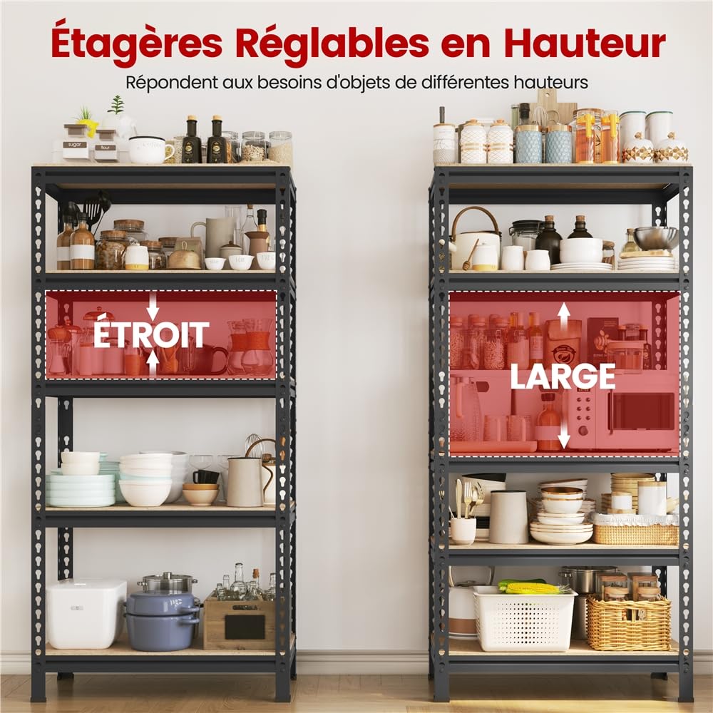 Yaheetech 5 Etagères de Rangement 150 x 70 x 30 cm Étagère Metallique Atelier/Garage/Cuisine Charge Lourde 130 kg par Niveau sans Boulons Noir