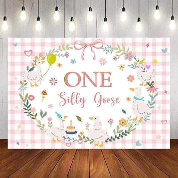 7x5ft One Silly Goose Backdrop Floral Geese First Birthday Background Pink Bow 1st Birthday Backdrops for Girls