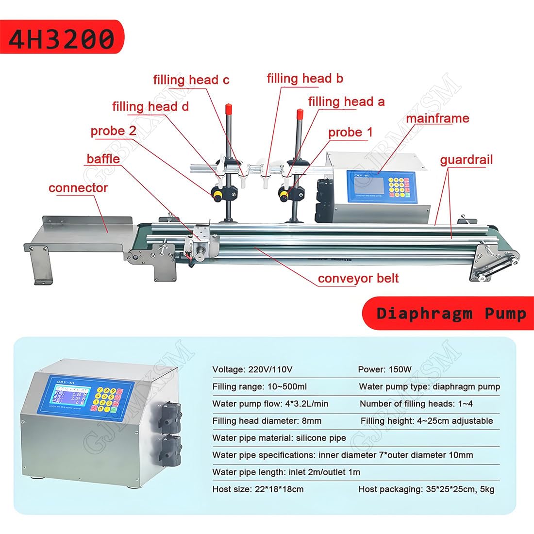 Machine de Remplissage de Liquide Automatique Capacité 10 à 500 ML Remplisseuse de Bouteilles à Commande Numérique Pompe à Membrane pour Lait, Eau, Vin, Boissons, Sauce Soja 4H3200