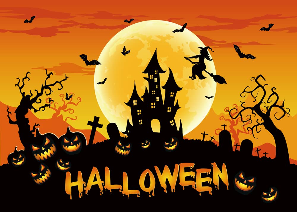 Halloween Cemetery Backdrop 15x8ft - Haunted House Photography Background With Full Moon