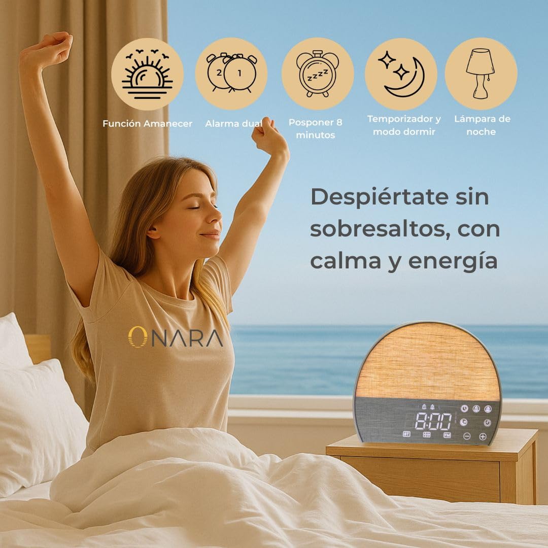 ONARA Despertador Amanecer, Despertador luz Natural simulacion Amanecer, 10 Sonidos Relajantes Naturaleza, 5 Sonidos Blancos, Altavoz Bluetooth, Radio FM, Temporizador, 20 Brillos, 2 Alarmas y Snooze