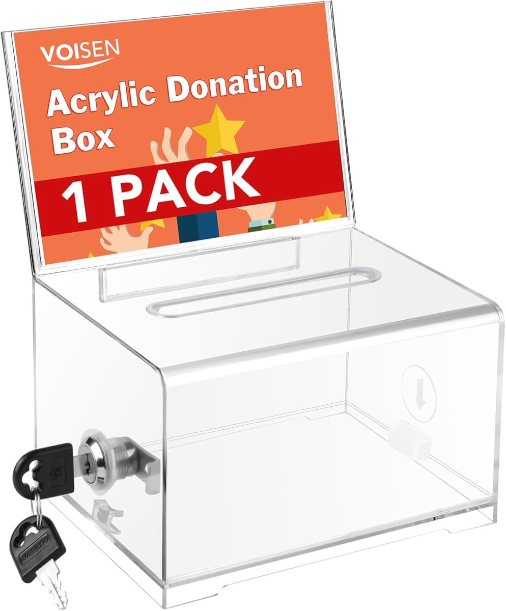 VOISEN Clear Donation Box with Lock,Ballot Box with Sign Holder,Suggestion Boxes for Fundraising, Tip Jar with Slot for School,Conference 6.2x4.6x3.9 Inch