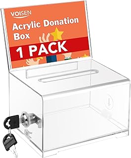 VOISEN Clear Donation Box with Lock,Ballot Box with Sign Holder,Suggestion Boxes for Fundraising, Tip Jar with Slot for School,Conference 6.2x4.6x3.9 Inch