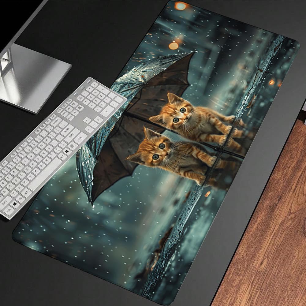 Czarna podkładka pod mysz XXL, podkładka na biurko, 1200 x 600 cm, szyte krawędzie, podkładka pod mysz, gumowa podstawa, kot, podkładka pod mysz, stabilna przyczepność na gładkich powierzchniach,