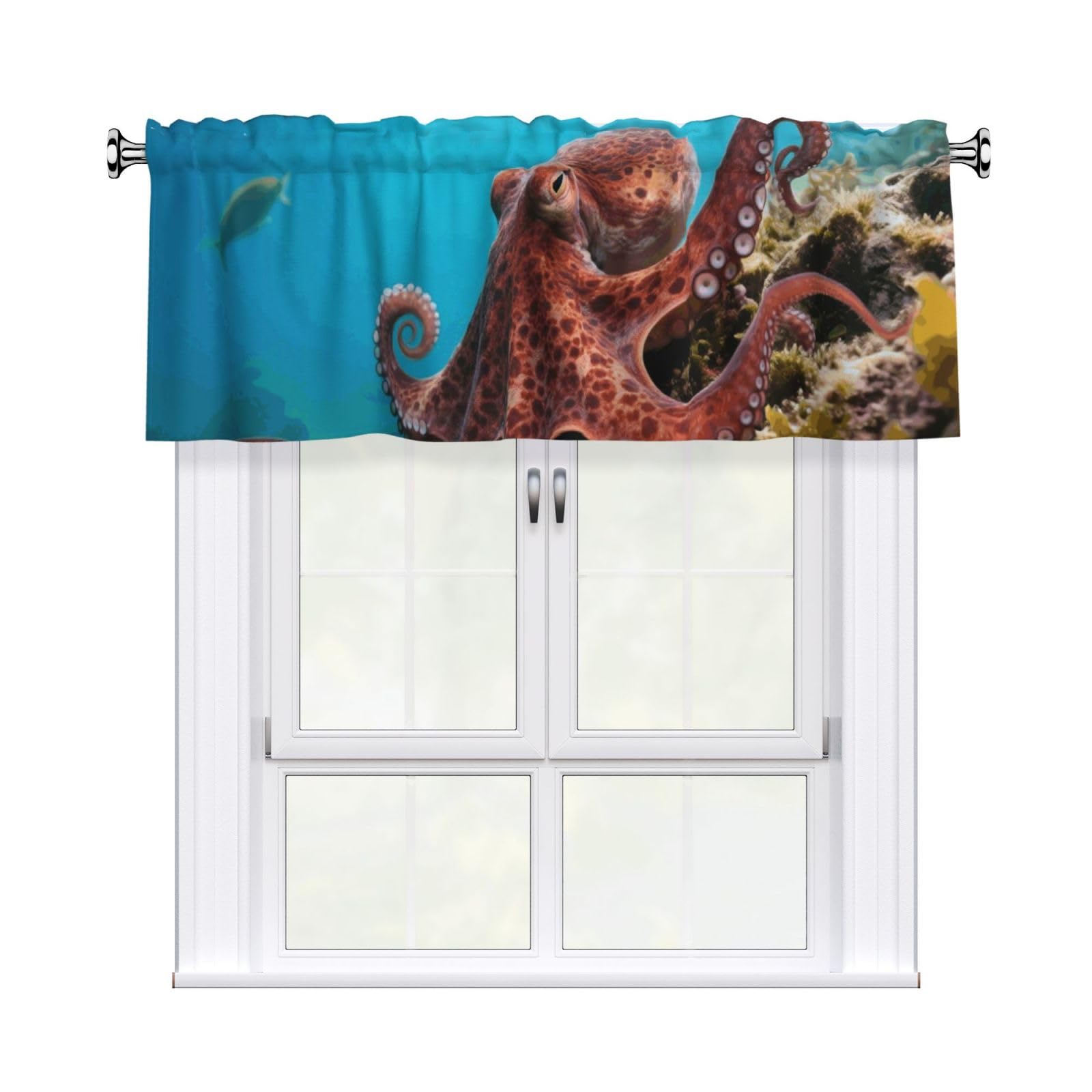 FekiLoot Octopus Curtain Valance for Windows, Kitchen Window Valances Rod Pocket Window Treatments Short Curtains Drapes for Bathroom Bedroom Cafe Decor 54x18inch 1 Panel