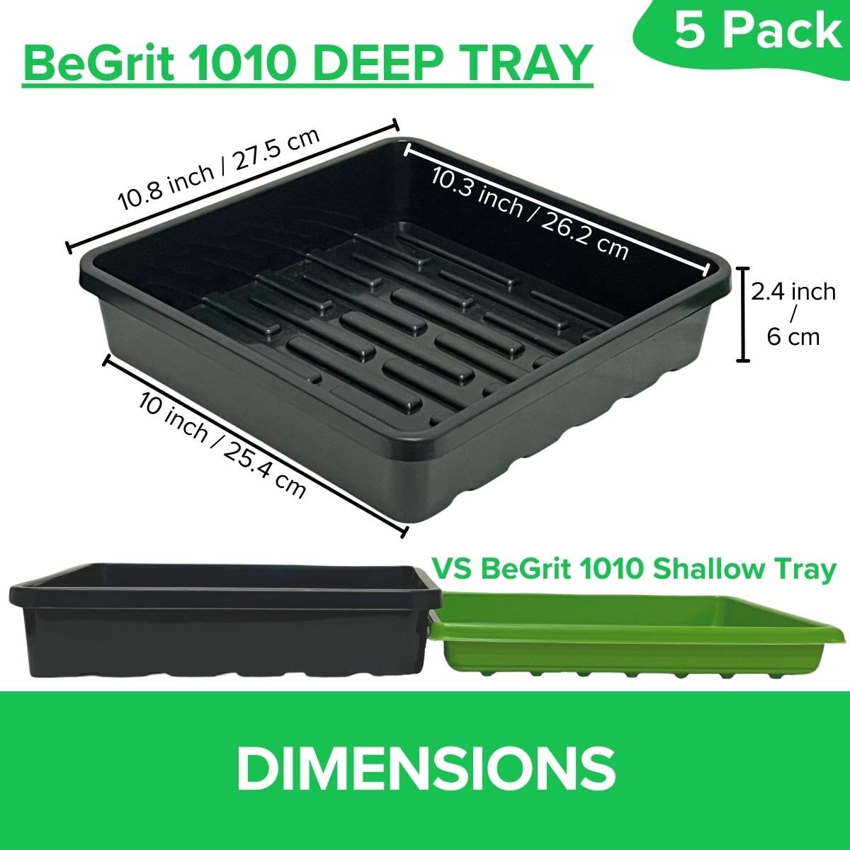 BeGrit 1010 vassoi per la coltivazione senza fori di scarico, vassoio profondo resistente, vassoio per microgreens, vassoio per semi, vassoio per piantine, confezione da 5, nero