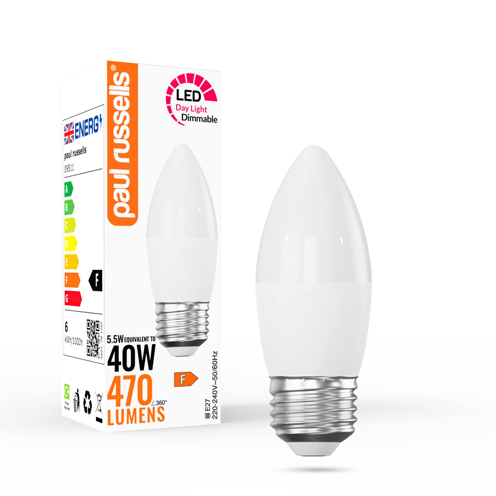 paul russells LED Candle – Dimmable Edison Screw Light, 5.5W 470 LM E27 C37 LED Bulbs, 40w Equivalent, 6500K Daylight, Dimmer ES Energy Saving Ceiling Lightsbulbs, Pack of 1