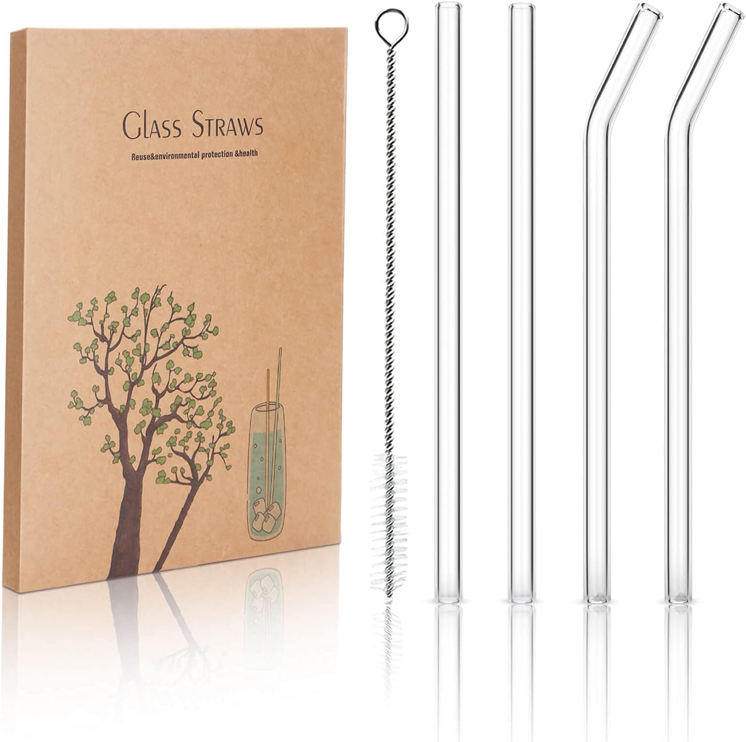 4PCS Reusable Glass Drinking Straws, 8.5in X 10 mm, with One Cleaning Brushes, Perfect for Smoothies, Milkshakes, Juices,Teas and Other Cold/Hot Beverages
