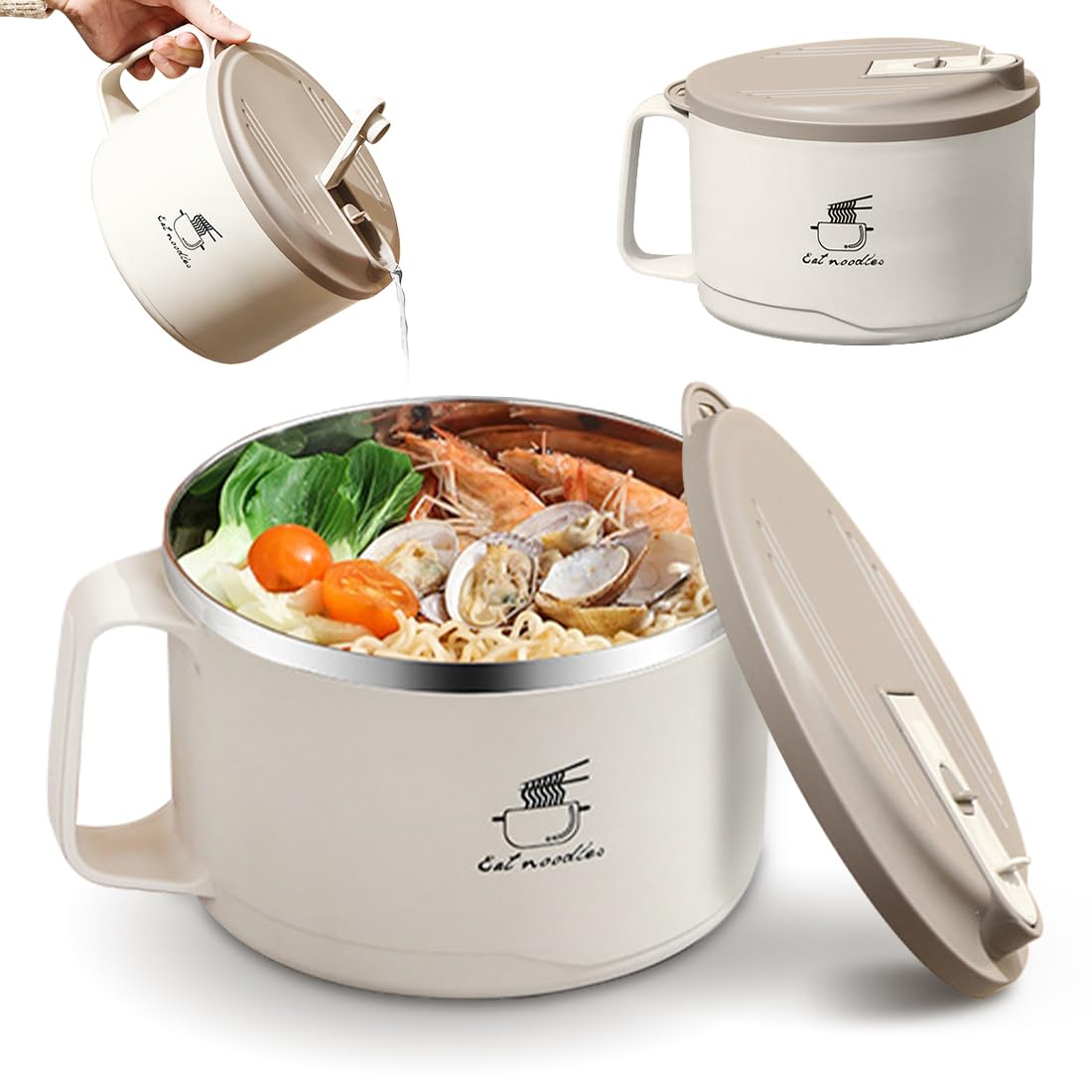 Bol Ramen Instantané 1100 Ml Kaki - Acier Inox Double Paroi, Poignée, Couvercle Anti-Éclaboussures