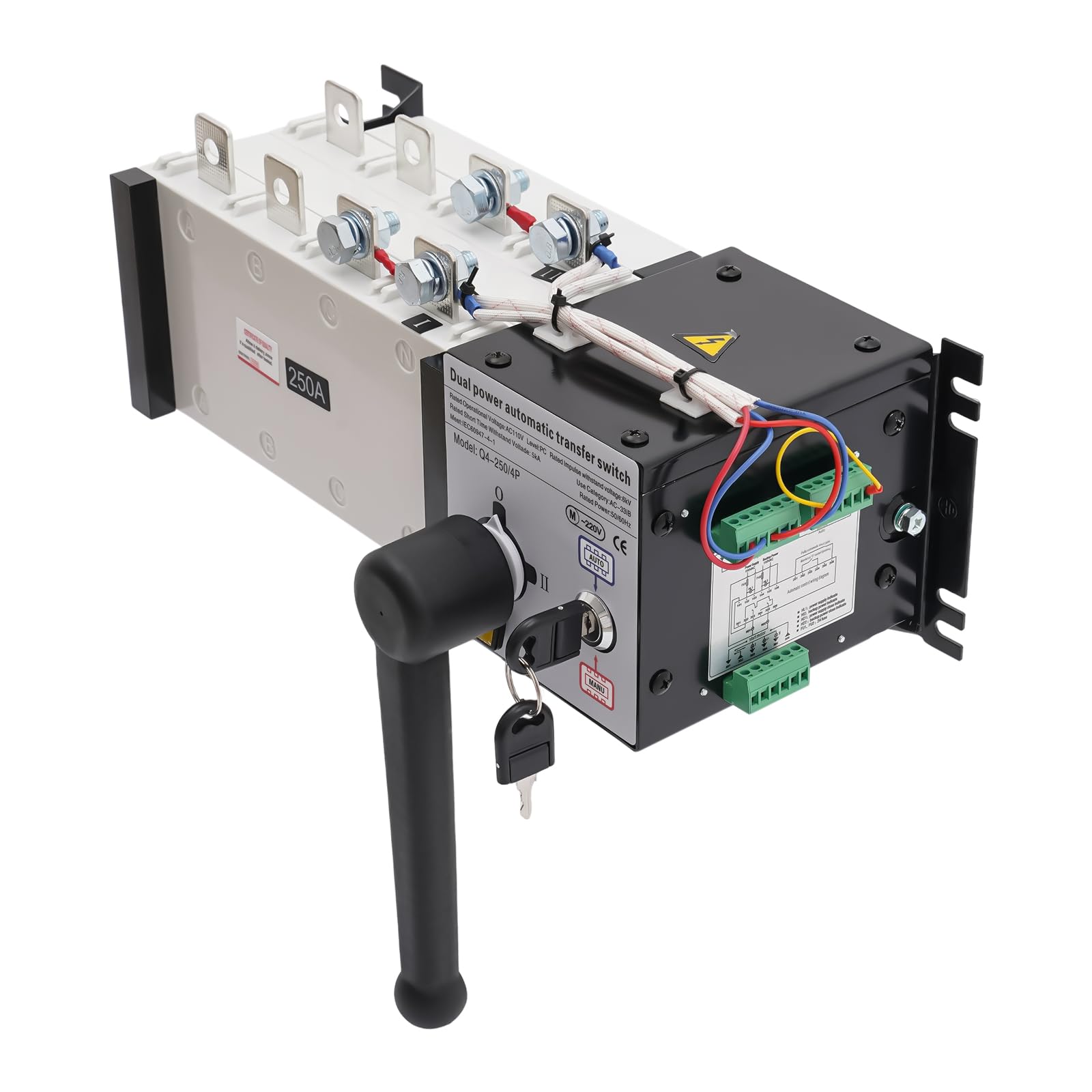 JIAOYINZI 250A 4 Poles Grid to AC Generator, 4P Dual Power Automatic Transfer Switch, 110V Dual Power Automatic Transfer Switch Dual Generator Changeover Switch