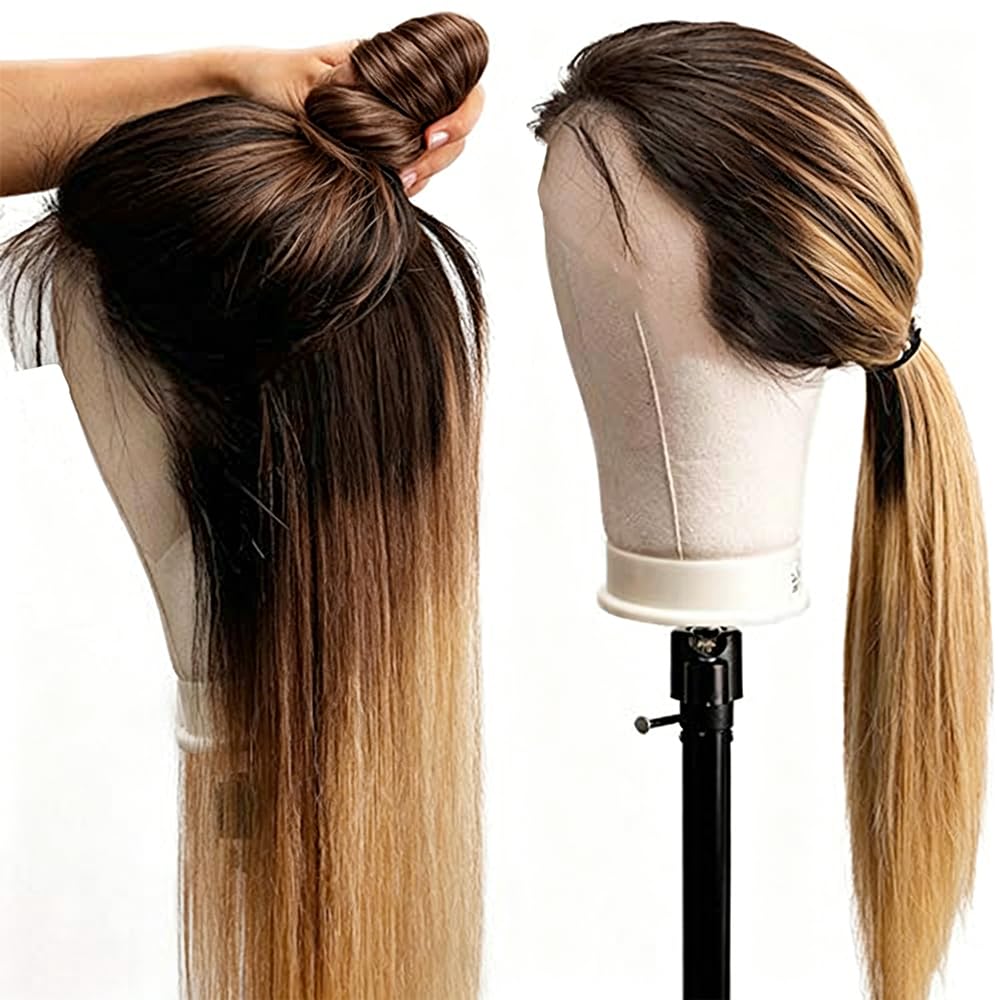 Straight Human Hair Wig 4X4 Lace Menschliches Haar Perücke Damen Echthaar Glueless Wear and Go Pre Plucked with Baby Hair Low Shedding Ombre Blonde 1b427 for Women 18 Inch