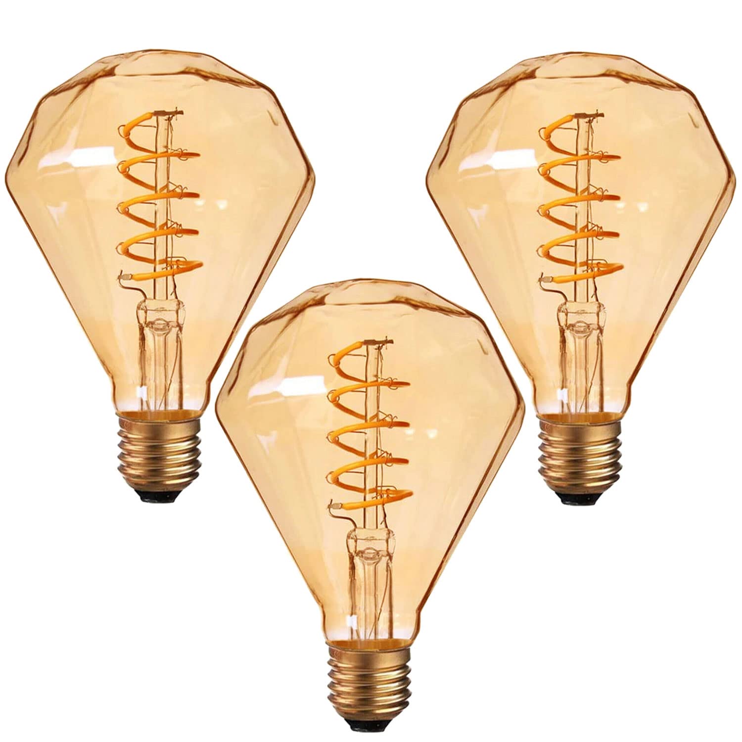 LEDSone 3 Pack of Antique Style 4w Edison E27 Diamond Spiral LED Bulb Filament Glass Retro Warm White Indoor Decoration Lamp for Bar Cafe Bedroom Living Room
