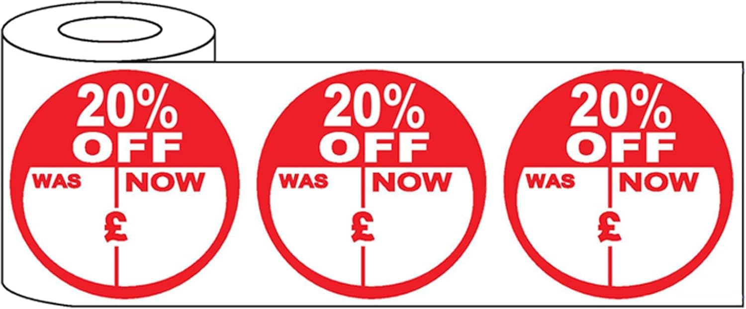 500x 45mm Round Adhesive Percent Off Promo Stickers (20 Percent Off) - Vibrant Discount Labels for Retail Promotions, Sales Events, and Offers