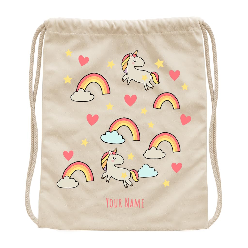 JOPHY & CO. Sacca Bambino Personalizzata | Zaino con Nome | 100% Cotone | Borsa Bambini Scuola/Asilo/Gita/Viaggi/Sport 40x36 cm (COD. 8701) (Unicorno Fantasia B, Beige)