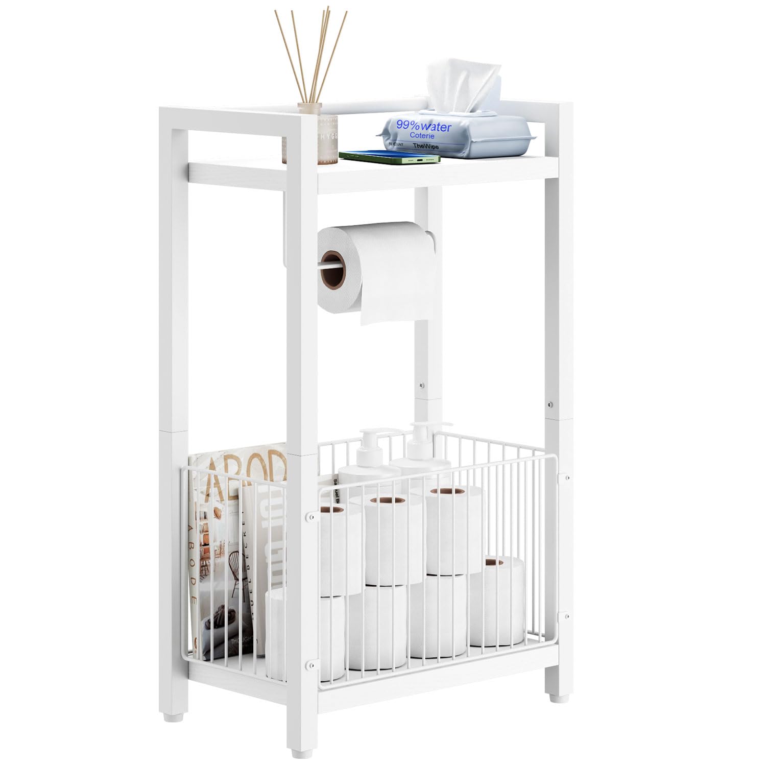 IBUYKE Freestanding Toilet Paper Holder Stand with Storage Shelf,Bathroom Toilet Tissue Roll Dispenser with Extra Space for Rolls, Magazines, Wet Wipes White TLJ020W