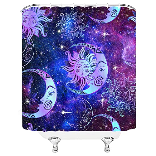 Sun And Moon Shower Curtain Purple Blue Burning Sun Moon Stars Boho Mandala Celestial Fantasy Universe Starry Sky Galaxy Medallion Mystic Art Polyester Curtains Bathroom Decor With Hooks 70Wx70H Inch #TOP1