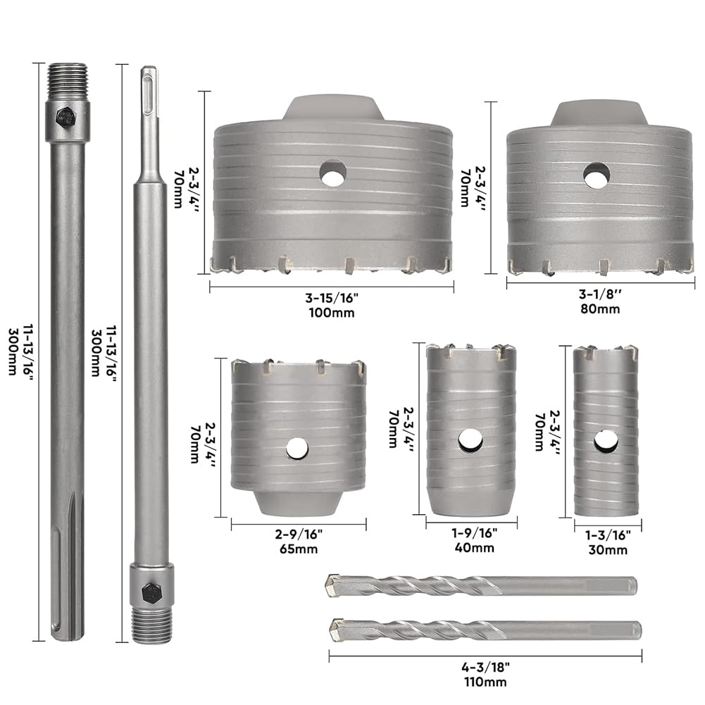 9 Pezzi In Cemento Armato Kit Sega A Tazza Con SDS Plus Max Codolo Bit Per Pareti in Mattoni Di Cemento, Calcestruzzo Set Di Punte Per Trapano 30 40 65 80 100 MM Con Custodia in Alluminio
