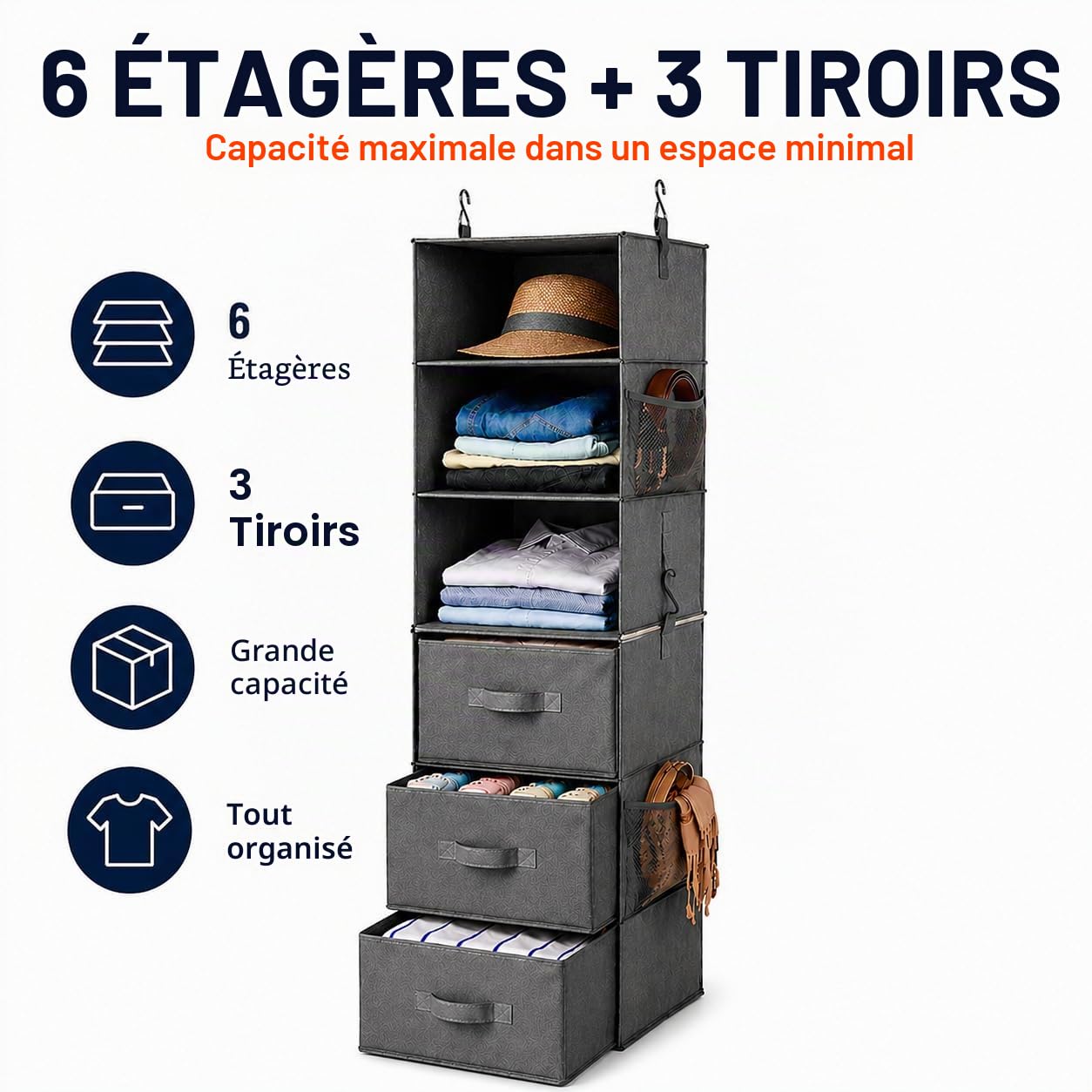 Organisateur de placard suspendu à 6 étagères pliantes en 2 modules de 3 avec 2 poches latérales et étagères en tissu renforcées, économise de l'espace et gardez les vêtements pliés sans plis