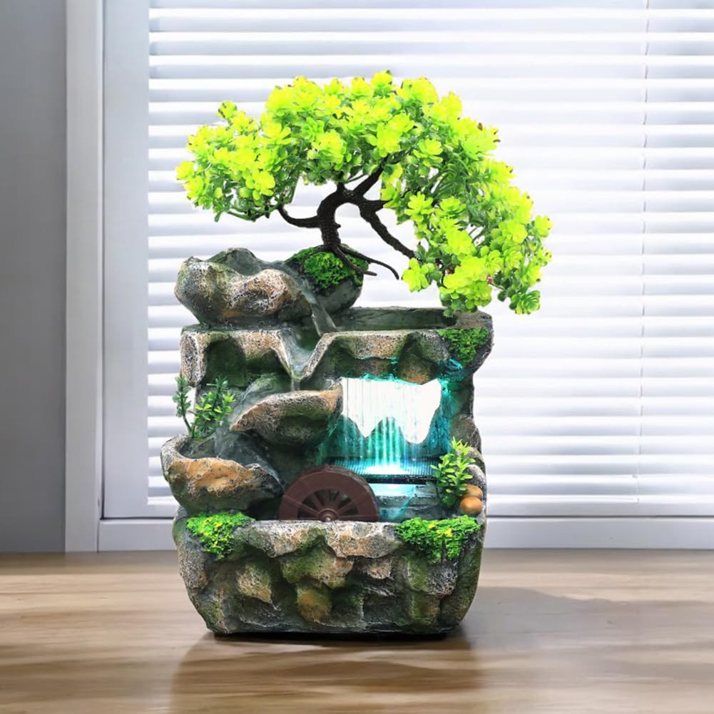 Fuentes de mesa para interiores, cascada de mesa con luces, pequeña fuente de agua de rocalla artificial para decoración de mesa (USB)