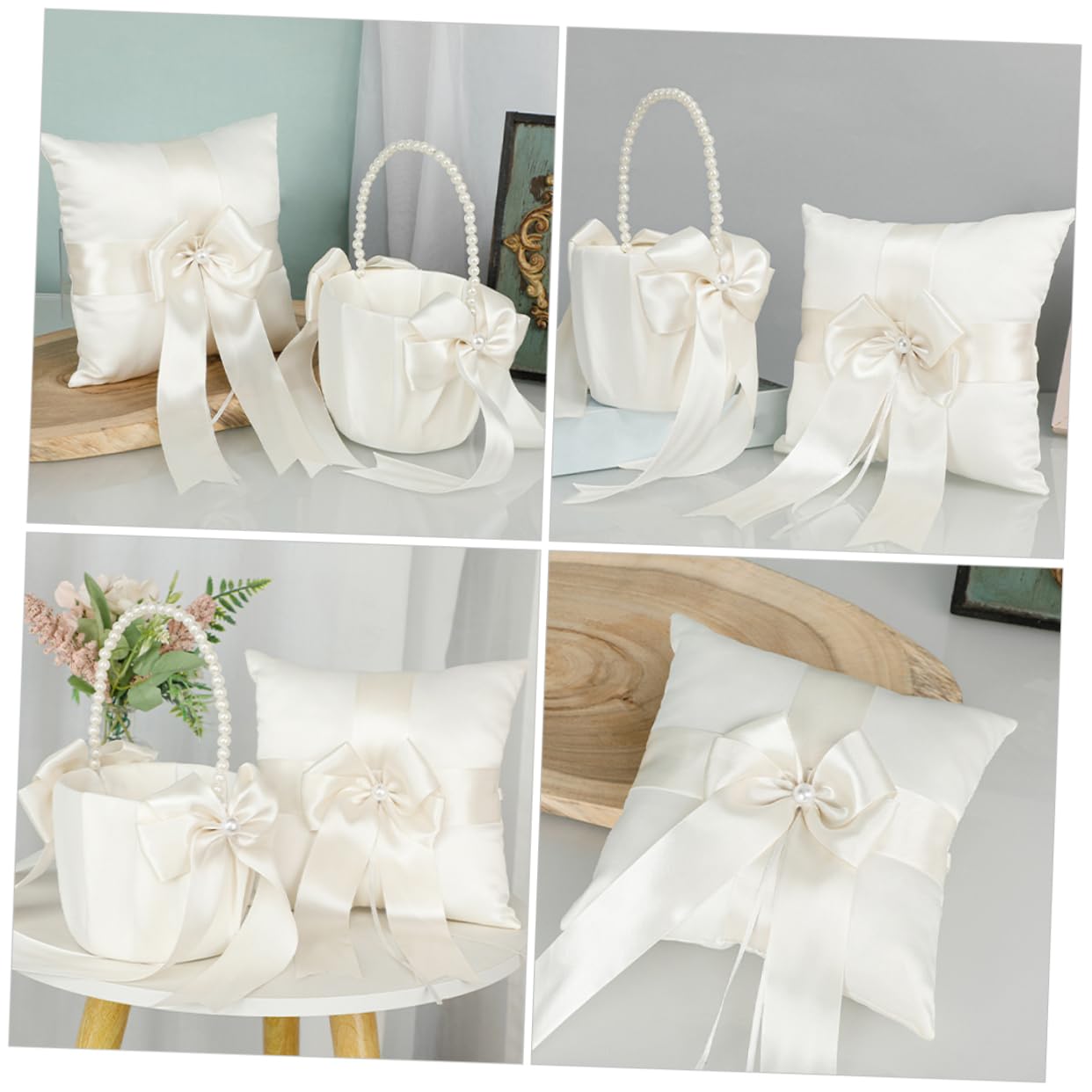 MUCKLILY 1 Set Elegant Wedding Ring Pillow and Flower Basket Pearl Inlaid Petal Design for Flower Girl for Weddings Engagements Anniversaries Romantic Decorative Accent