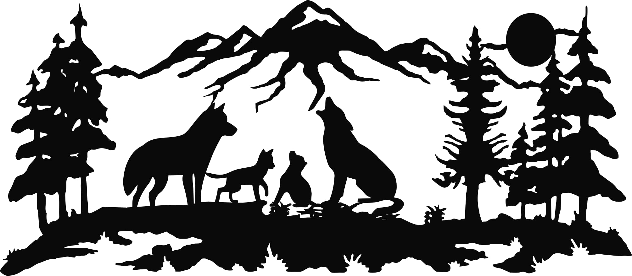 Metal Wall Art, Metal Wolves Family Art, Nature Wall Art, Wolf, Mountain and Tree Decor, Metal Wall Decor (24"W x 10"H / 60x26 cm)