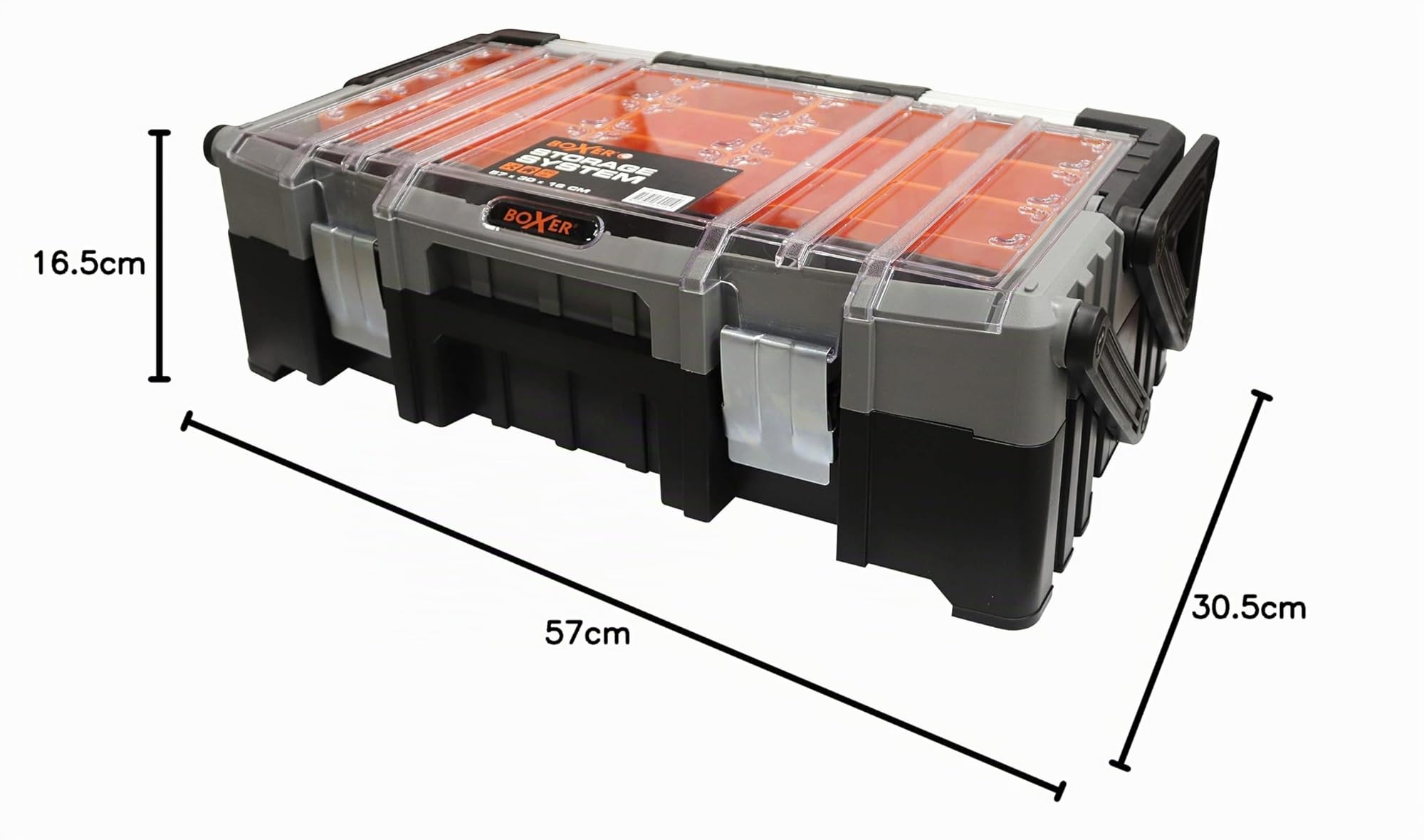 Boxer® Caja de Herramientas Cantilever 22” – 57x30,5x16,5 cm – 15 Compartimentos Extraíbles en la Tapa – Cierres Metálicos – Negro/Naranja/Transparente