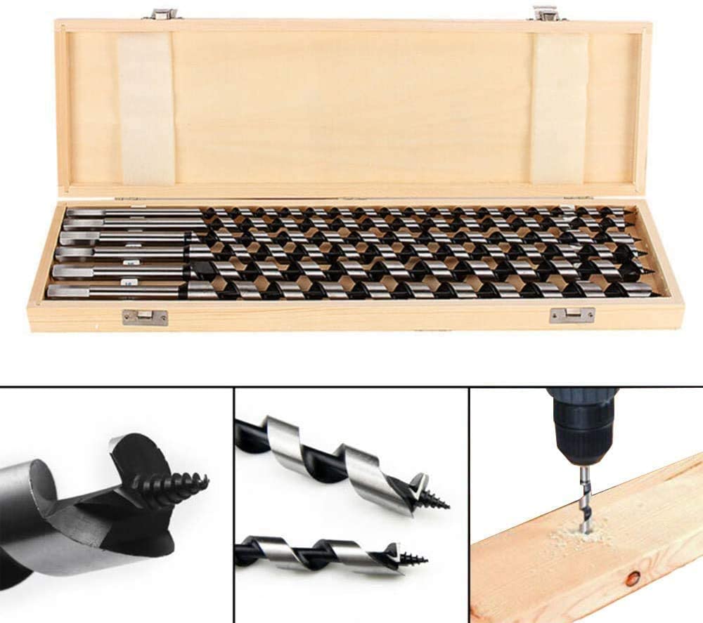Juego de brocas para madera (460 mm, extralargas, 5 piezas, en caja de madera, taladros para madera, brocas de viga, brocas en espiral, 12 mm, 14 mm, 16 mm, 18 mm, 20 mm)