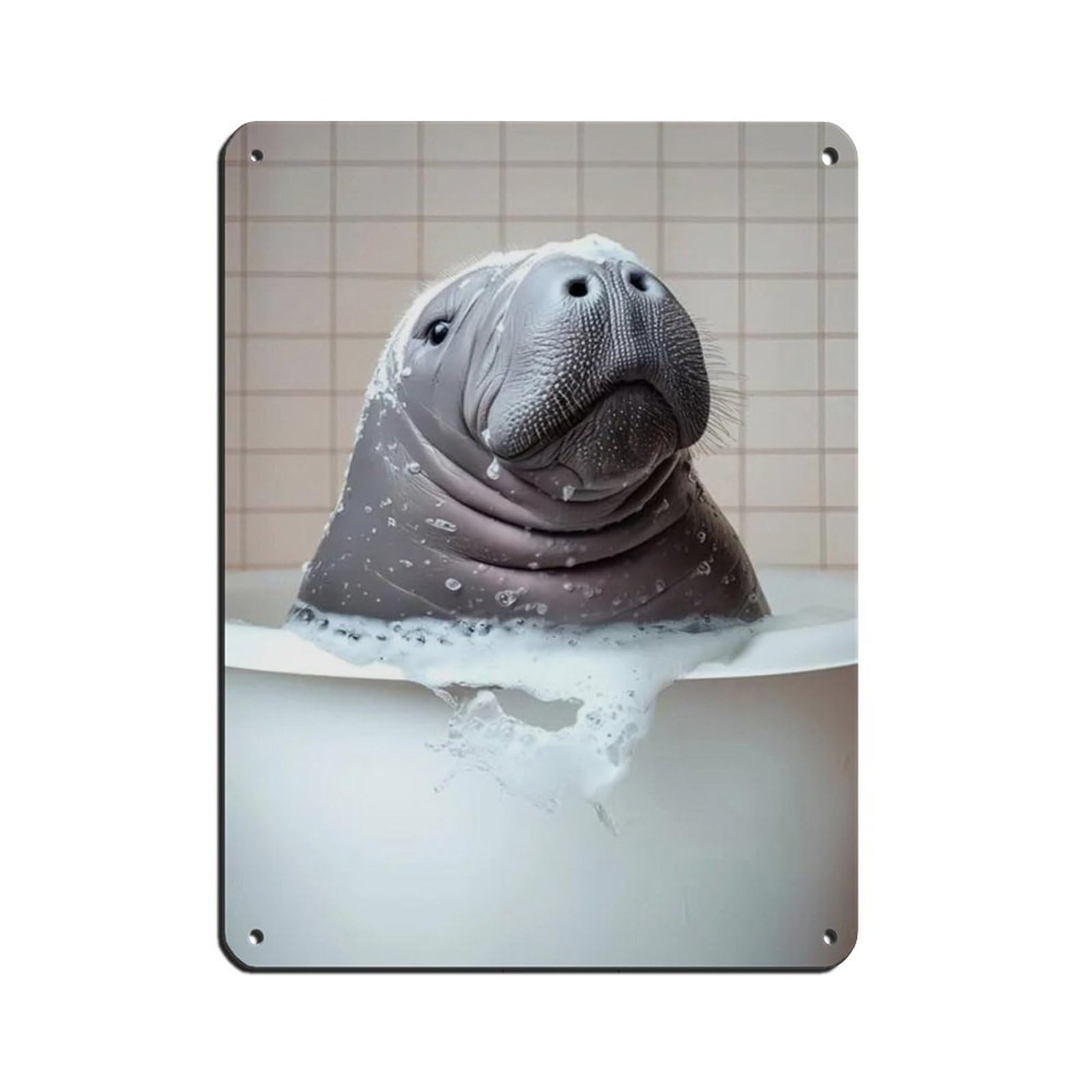 Manatee in The Bathtub, Funny Bathroom Art Retro Poster Metal Tin Sign Chic Art Retro Iron Painting Bar People Cave Cafe Family Garage Poster Wall Decoration 12x16inch(30x40cm)