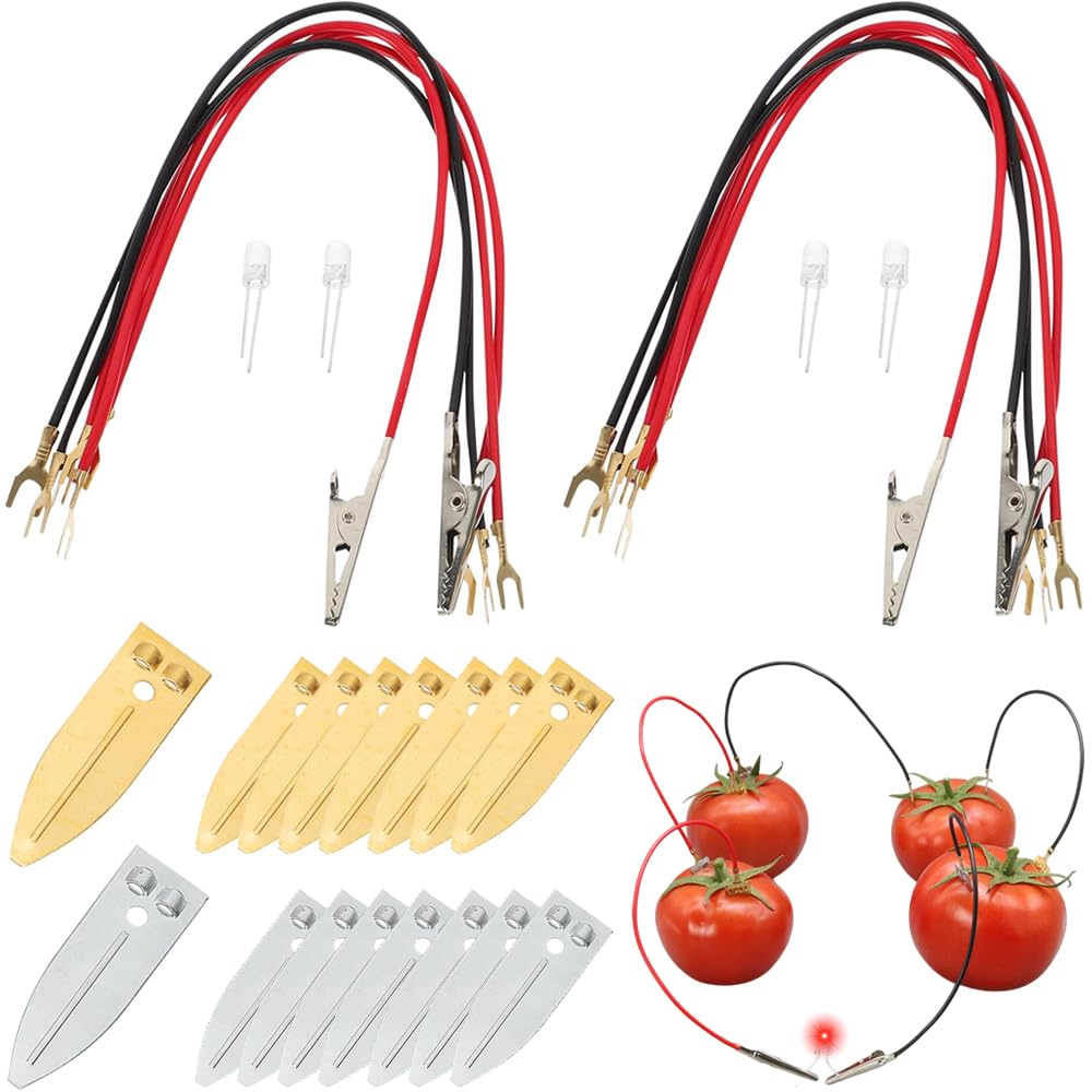 フルーツ電池科学実験キット 2セット フルーツバッテリーサイエンスキット 果物発電じっけん 亜鉛板 銅板 実験用金属板 学習玩具 DIY 知能発達 興味関心の育成 小学生 中学生 科学小道具(片端ワニ口クリップリード線 4本+U字型ダブルリード線 6本+ランダムな色の小さなライトビーズ 4個+亜鉛板 8枚+銅板 8枚)
