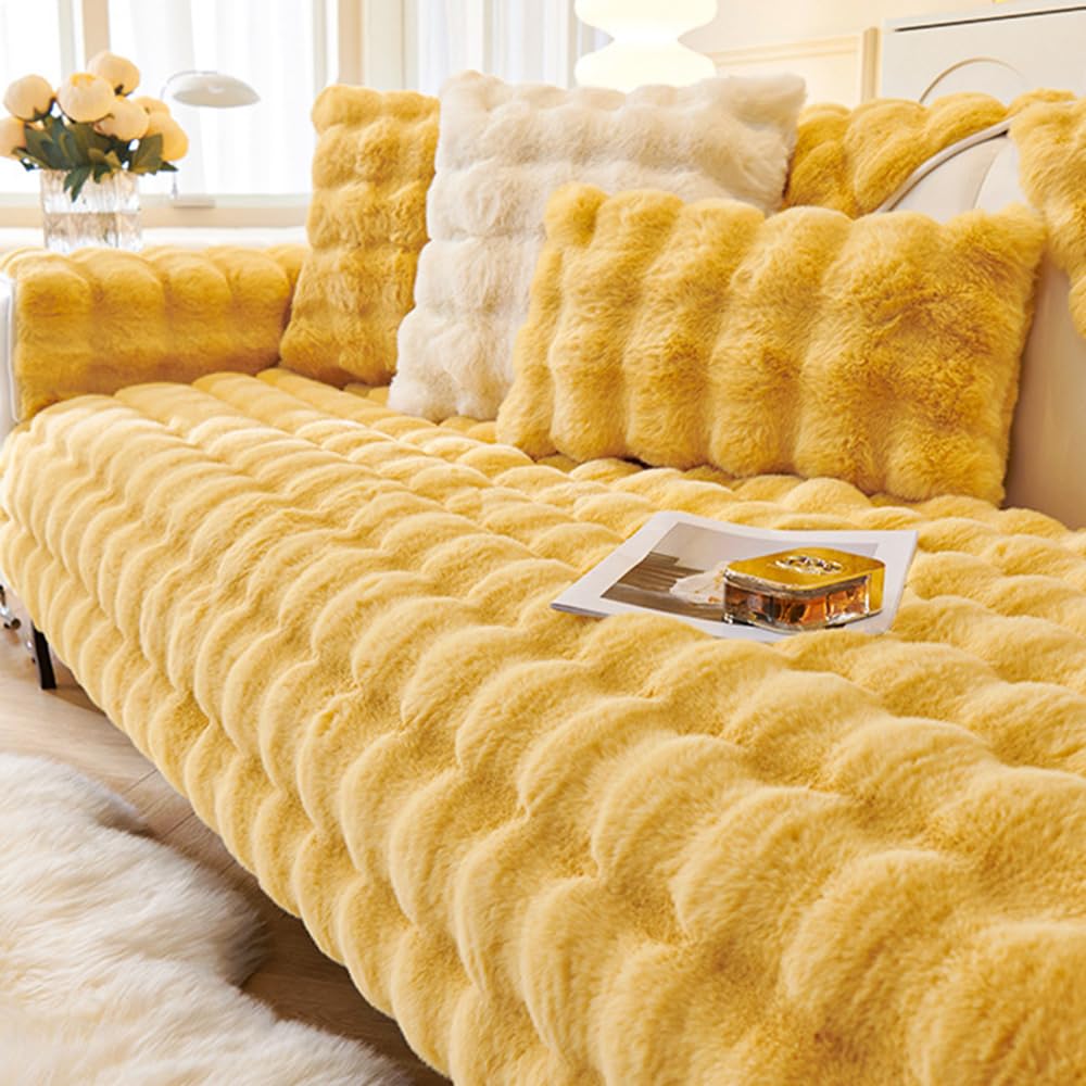 CANYUE Thick Rabbit Plush Sofa Covers, Non-Slip Sofa Slipcovers, Furniture Protector Sofa Covers for 3 Cushion Couch Loveseat Recliner L Shaped Armrest Backrest (Yellow,110x180cm)
