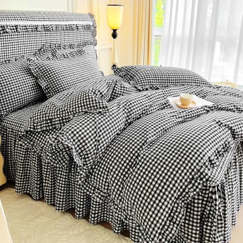 Image of LifeTB Black Gingham Comforter Set King Ruffle Checkered Plaid Comforter Set 3 Pieces Boho Grid Bed Comforter with 2 Pillowcases Fluffy Soft Vintage Checkered Lightweight Gingham Bedding Set King