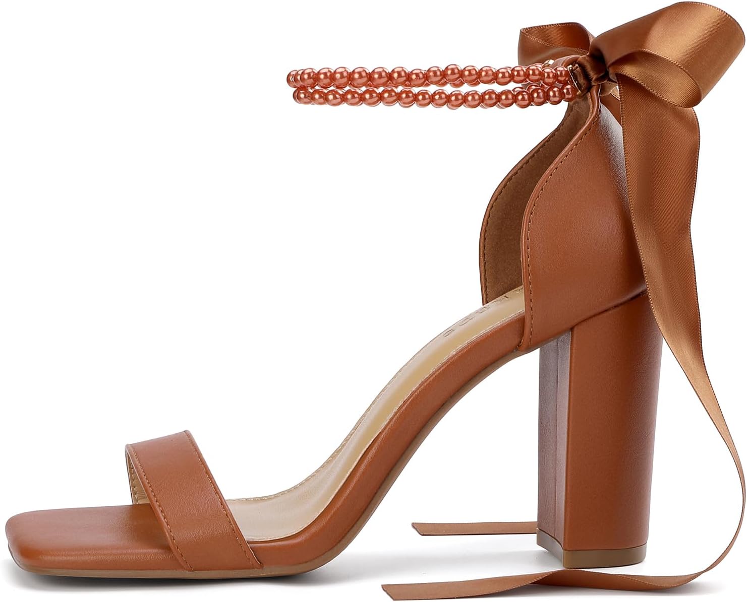 Lace Up Bow Heels for Bride Pearl Embellished Block Wedding Shoes for Bride White Heels with Bows On Back