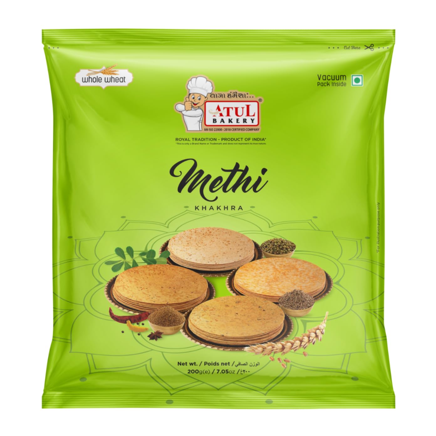 Generic Atul Bakery Khakhra Various Flavours (200 Gram) - Crispy Delicious Bite - Traditional Gujarati Khakhra - Enjoy At Tea Time - Easy to Carry Anywhere (Pack of 1, Khakhra Methi)