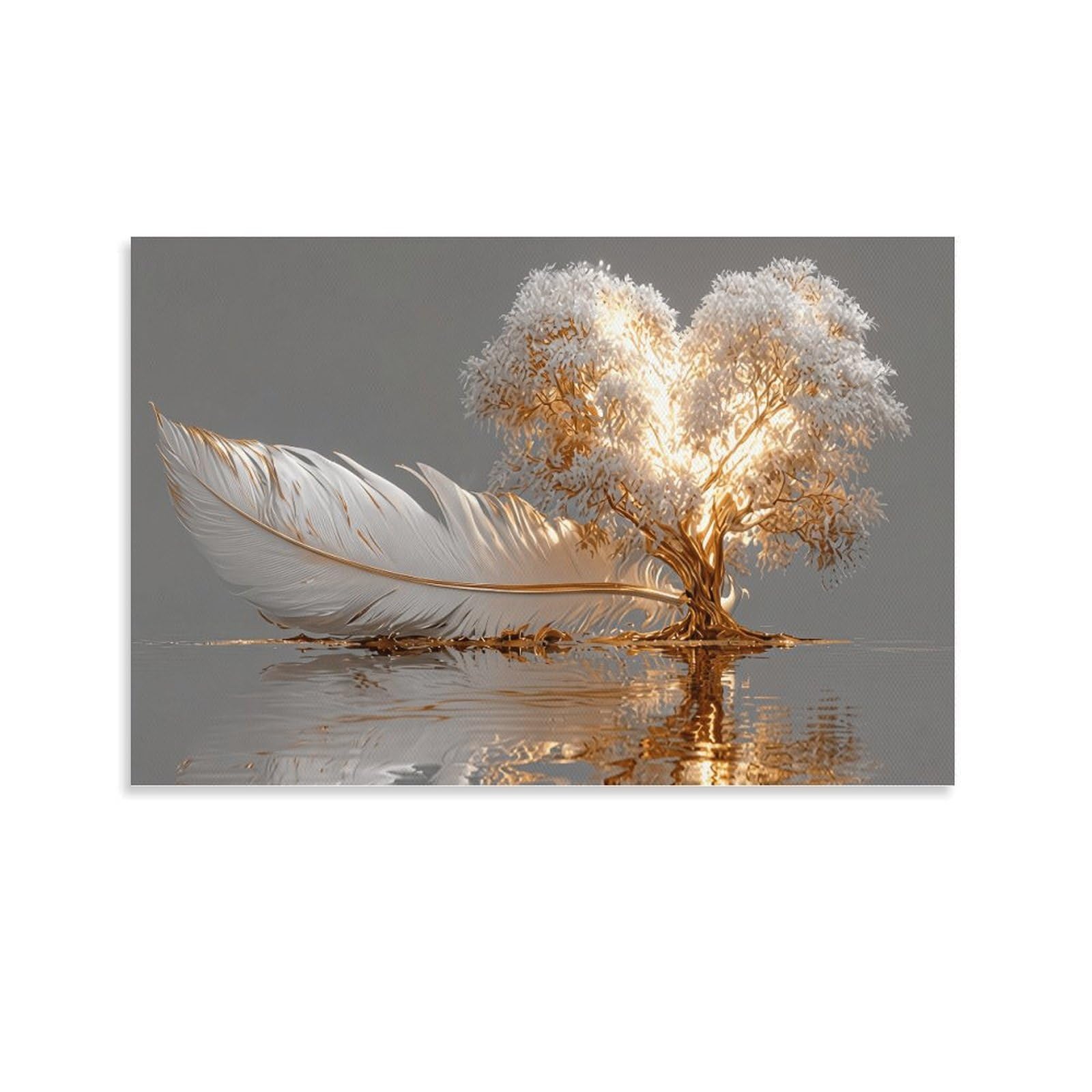 XPASHIQWC White & Gold Feather Money Tree Poster Artwork Canvas Prints Picture Modern Wall Art Picture Wall Hanging for Living Room Home Decorations 24x36inch(60x90cm)
