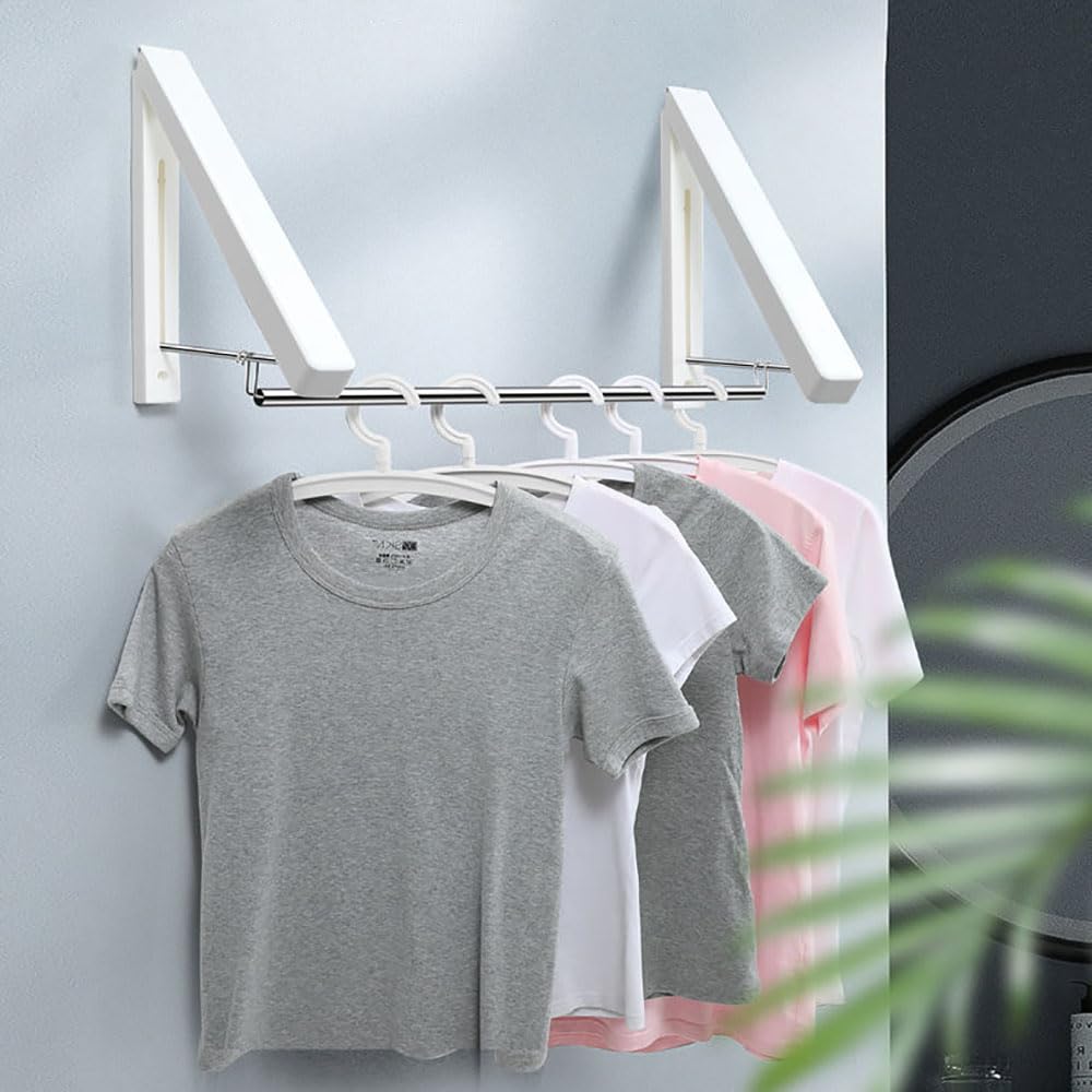 MUMOO BEAR Foldable Clothes Drying Rack Wall Mounted Clothes Hanger Dual Purpose Folding Clothes Hanging Rod for Balcony Bedroom Bathroom and Laundry Room (White)