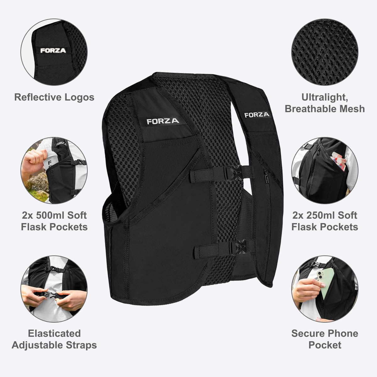 FORZA Gilet de course [3 tailles] | Gilet d'hydratation léger unisexe avec poches avant, ajustement réglable et bordure réfléchissante – Idéal pour le jogging, la marche et la course à pied