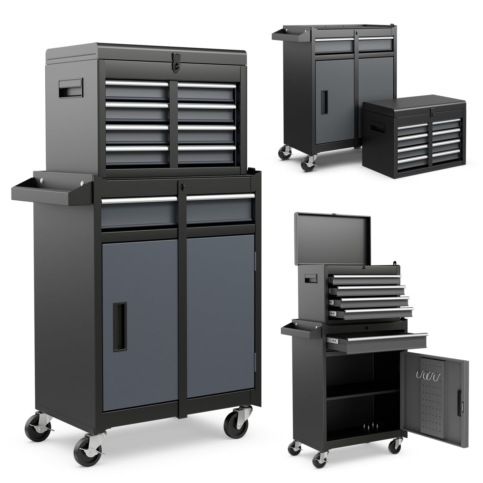ERGOMASTER 5-Drawer Rolling Tool Cabinet with Detachable Top Toolbox, Lockable Wheels, Lock Bar, Protective Liner & Tool Rack, Metal Tool Storage Cart for Garage Workshop-Grey