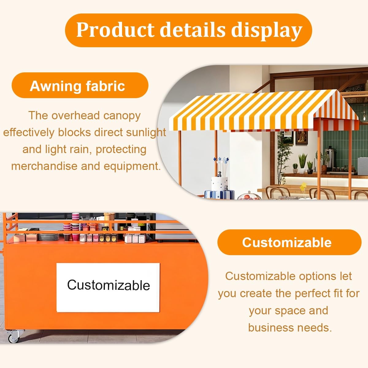 Carrito Ambulante para Comida con Toldo y Ruedas Giratorias, Puesto Móvil | Carro Comercial Puesto de Venta con Ruedas y Amplia Superficie de Trabajo para Mercados y Eventos(Orange,100cm)